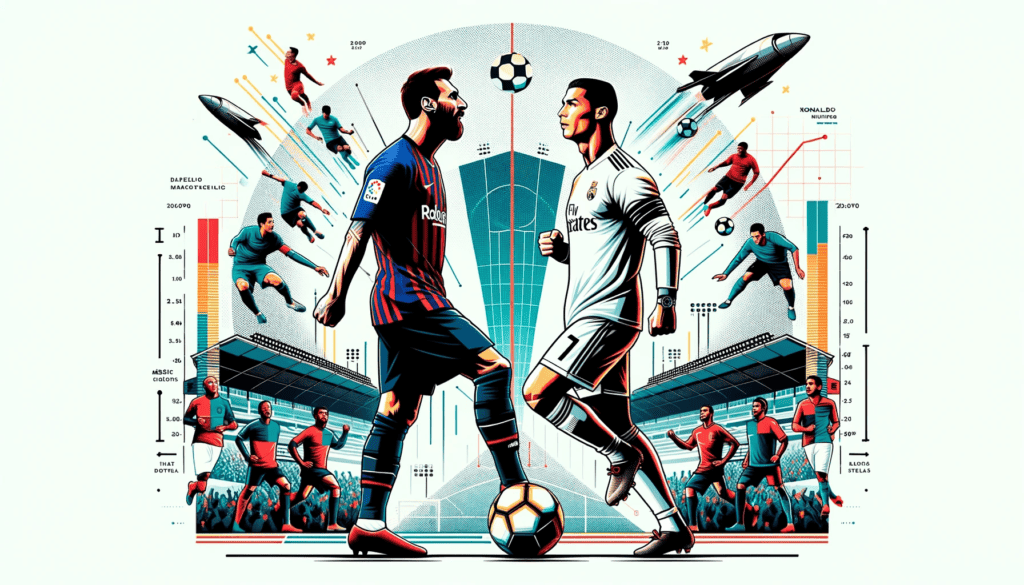 DALL·E 2024 01 27 18.01.15 Design an engaging blog header image for an article titled Messi vs Ronaldo An In Depth Analysis of Football Legends. The image should creatively j